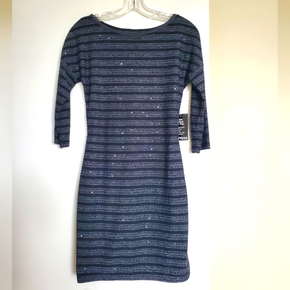 Express Black and Gray 3/4 Length Sleeve Mini Dress with Sequin Detail XS